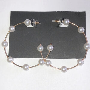 Gold Tone Faux Pearl Huge Boho Hoop Pierced Earrings